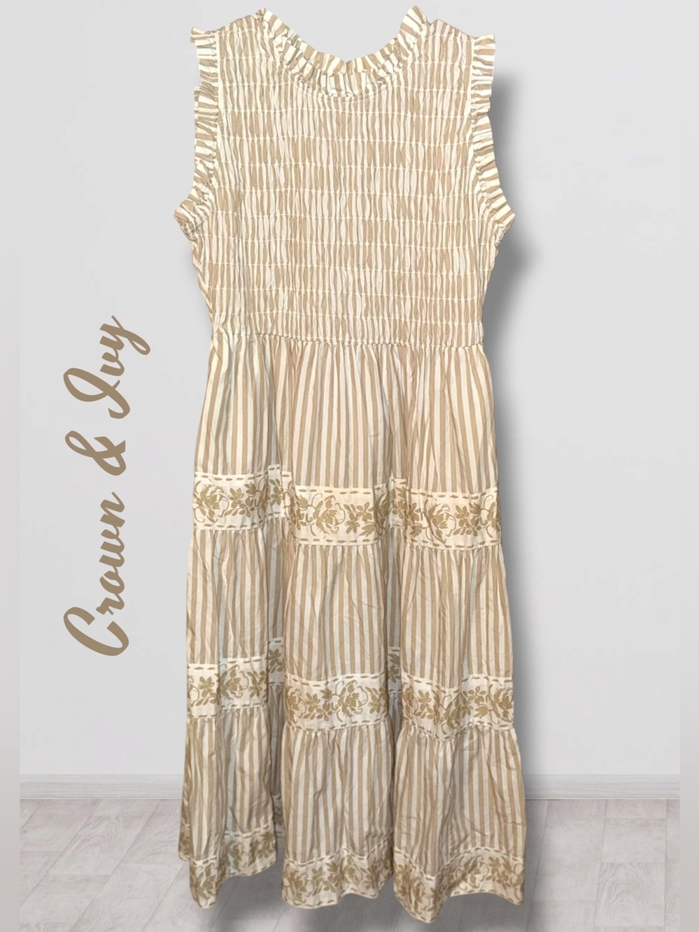 crown & ivy Cream and Tan Striped Maxi Dress